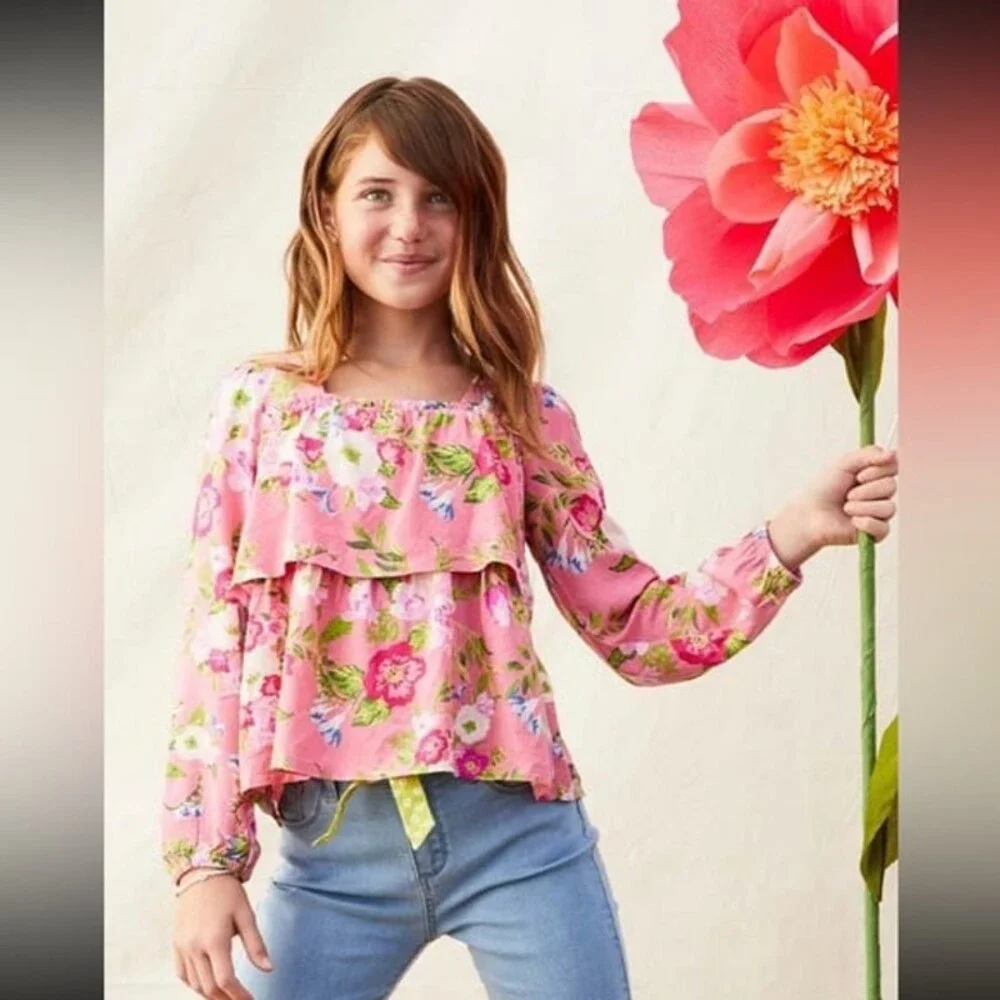 Matilda Jane Girls Always Blooming Pink Floral Ruffle Top 8 - Picture 1 of 5